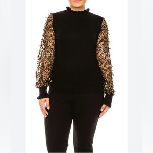 Sioni Leopard Lace Mesh Long Sleeve Ruffle Mock Neck Sweater Top Size Medium